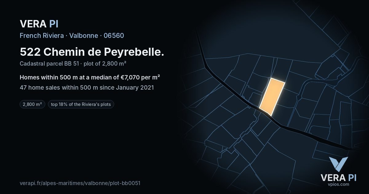 522 Chemin de Peyrebelle, Valbonne at night – the plot lit, the parcels around coloured by the prices near them