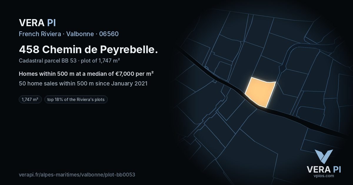 458 Chemin de Peyrebelle, Valbonne at night – the plot lit, the parcels around coloured by the prices near them