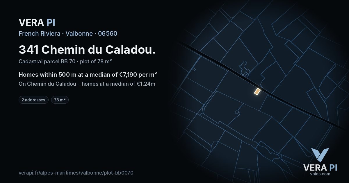 341 Chemin du Caladou, Valbonne at night – the plot lit, the parcels around coloured by the prices near them
