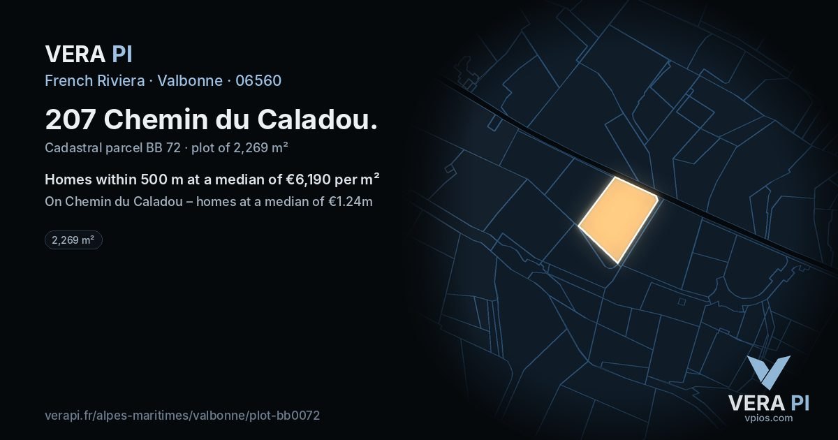 207 Chemin du Caladou, Valbonne at night – the plot lit, the parcels around coloured by the prices near them