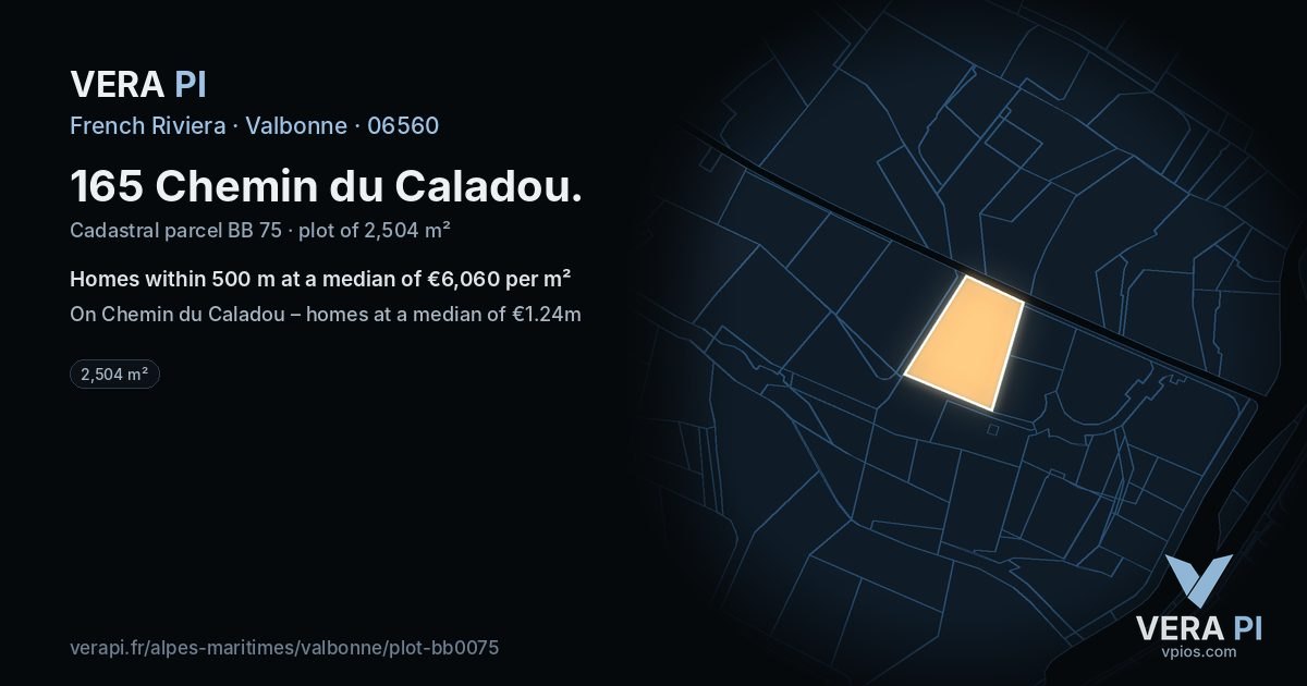 165 Chemin du Caladou, Valbonne at night – the plot lit, the parcels around coloured by the prices near them