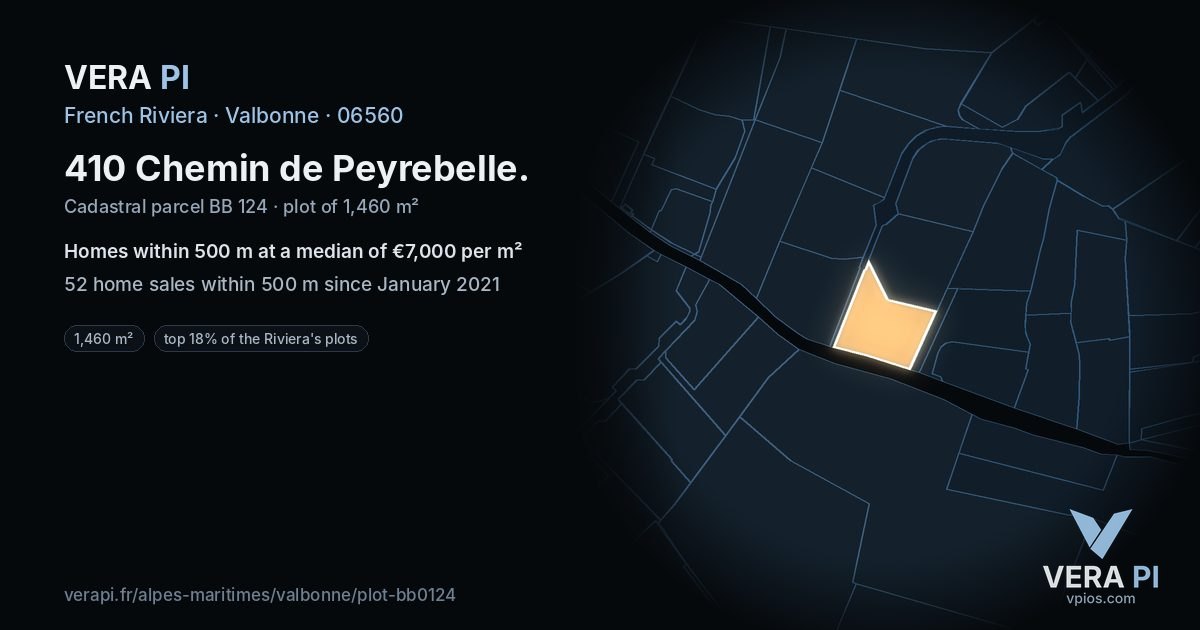 410 Chemin de Peyrebelle, Valbonne at night – the plot lit, the parcels around coloured by the prices near them