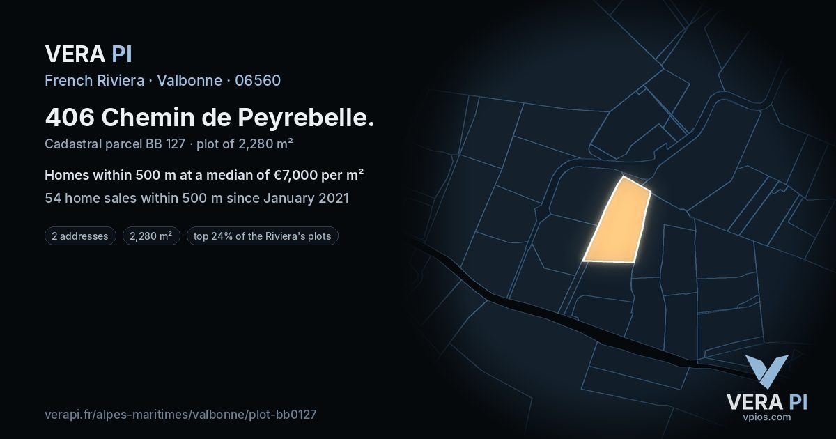 406 Chemin de Peyrebelle, Valbonne at night – the plot lit, the parcels around coloured by the prices near them
