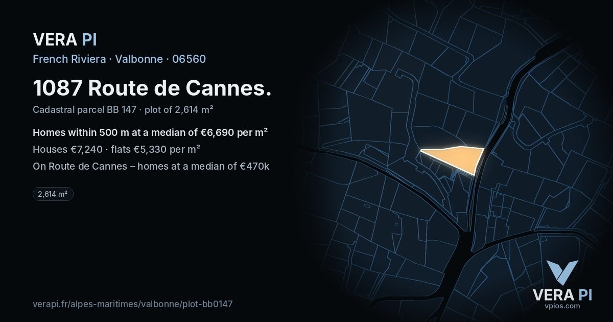 1087 Route de Cannes, Valbonne at night – the plot lit, the parcels around coloured by the prices near them