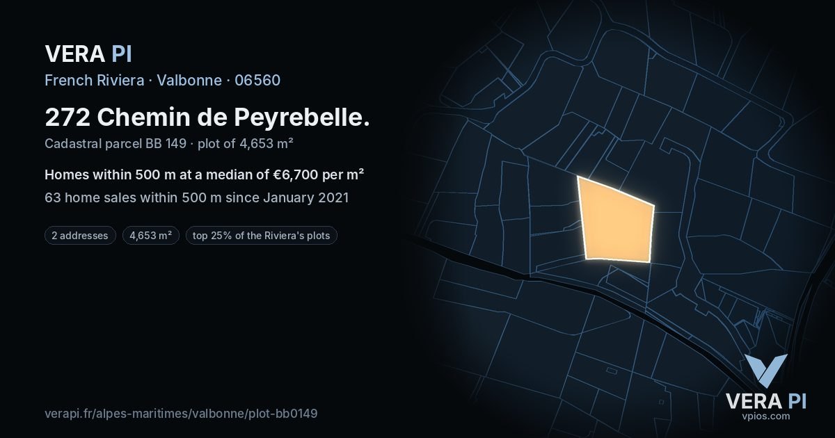 272 Chemin de Peyrebelle, Valbonne at night – the plot lit, the parcels around coloured by the prices near them