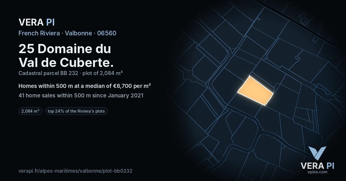 25 Domaine du Val de Cuberte, Valbonne at night – the plot lit, the parcels around coloured by the prices near them