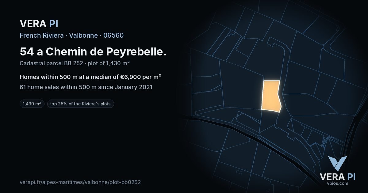 54 a Chemin de Peyrebelle, Valbonne at night – the plot lit, the parcels around coloured by the prices near them