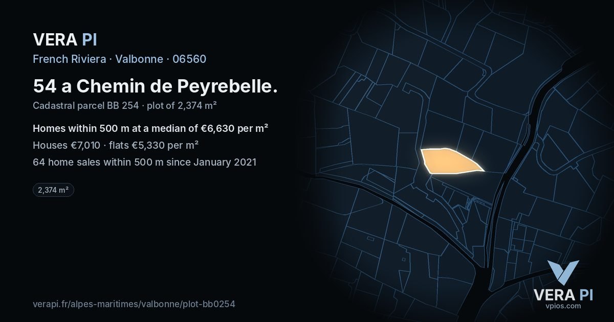 54 a Chemin de Peyrebelle, Valbonne at night – the plot lit, the parcels around coloured by the prices near them