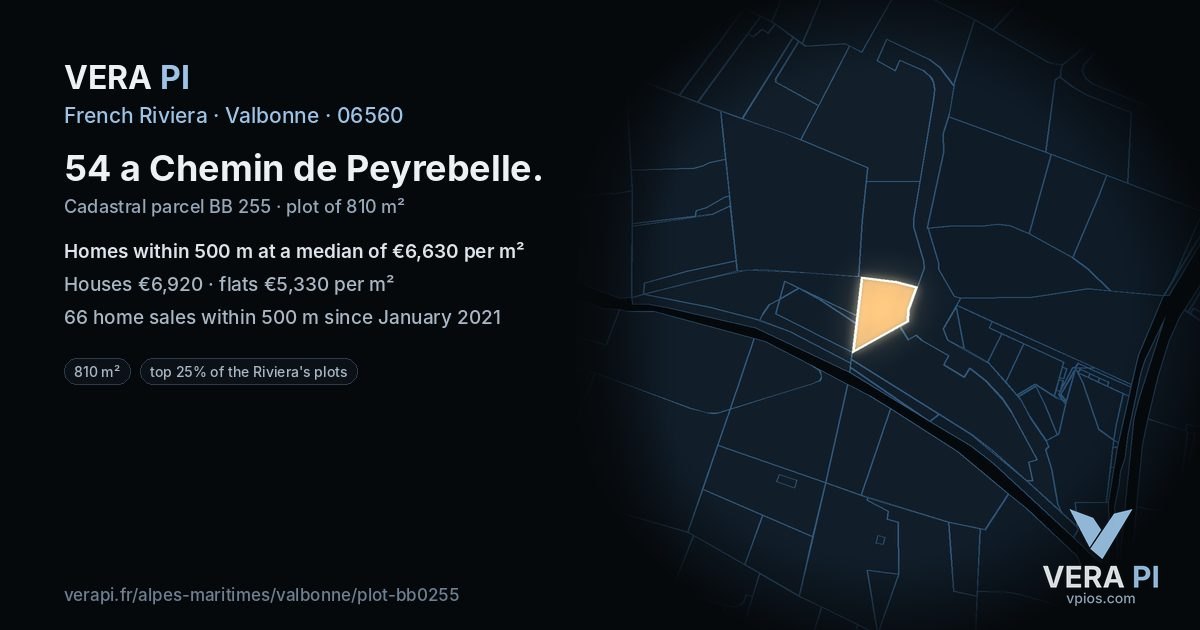 54 a Chemin de Peyrebelle, Valbonne at night – the plot lit, the parcels around coloured by the prices near them