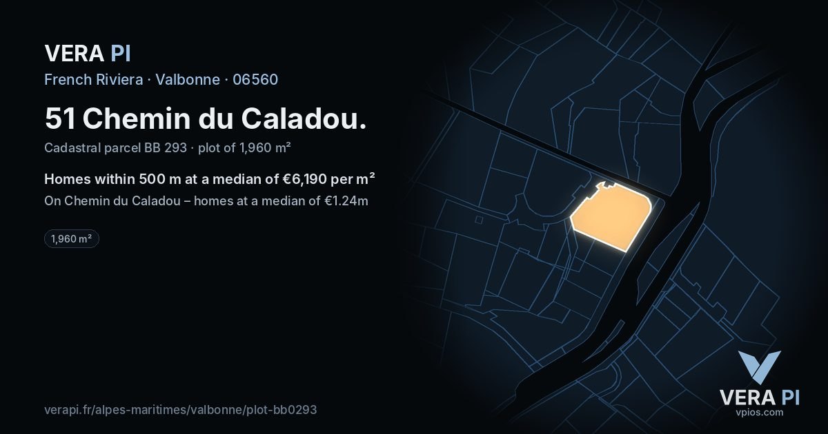 51 Chemin du Caladou, Valbonne at night – the plot lit, the parcels around coloured by the prices near them