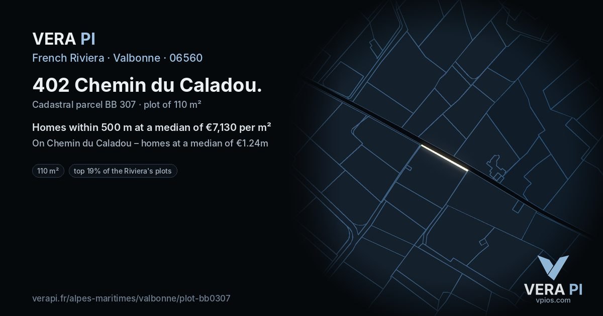 402 Chemin du Caladou, Valbonne at night – the plot lit, the parcels around coloured by the prices near them