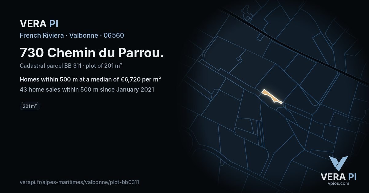 730 Chemin du Parrou, Valbonne at night – the plot lit, the parcels around coloured by the prices near them