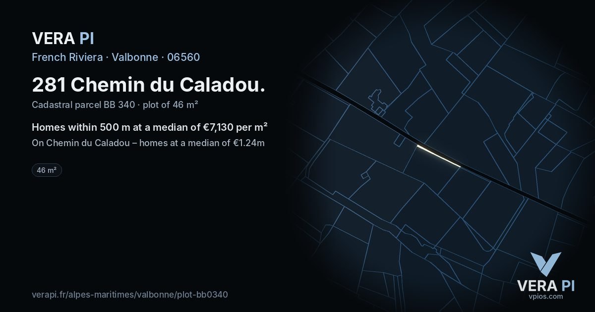 281 Chemin du Caladou, Valbonne at night – the plot lit, the parcels around coloured by the prices near them