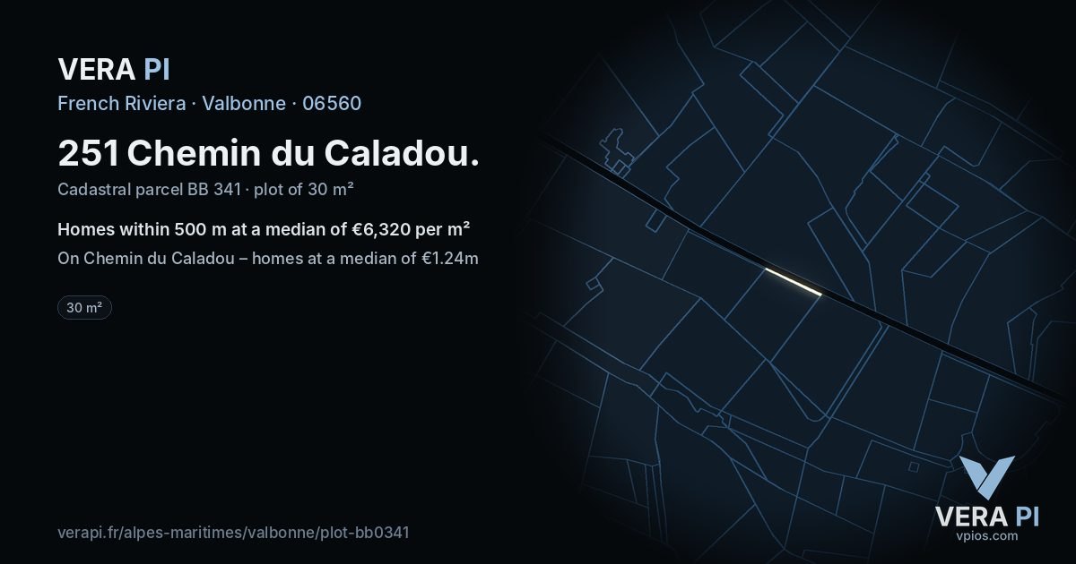 251 Chemin du Caladou, Valbonne at night – the plot lit, the parcels around coloured by the prices near them