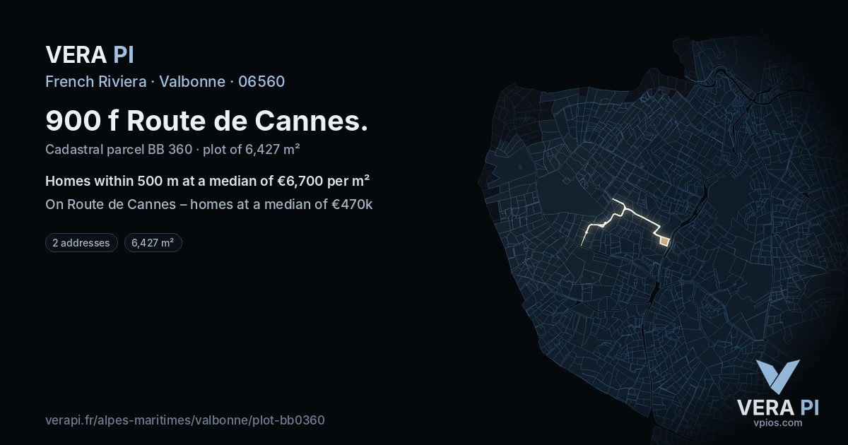 900 f Route de Cannes, Valbonne at night – the plot lit, the parcels around coloured by the prices near them