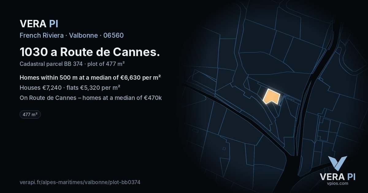 1030 a Route de Cannes, Valbonne at night – the plot lit, the parcels around coloured by the prices near them