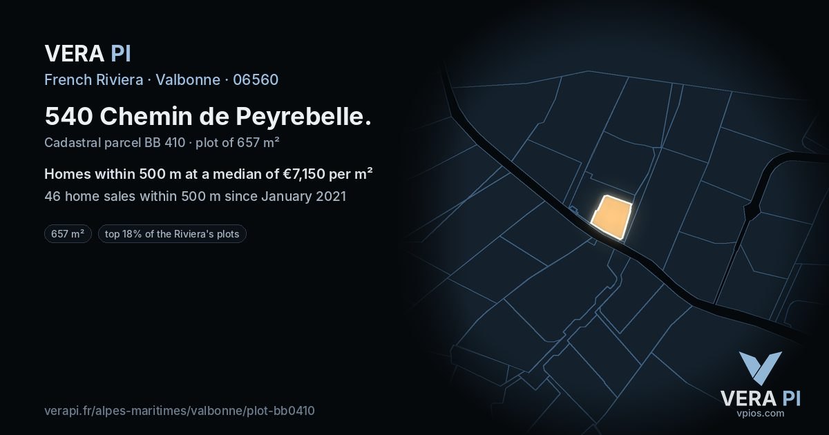 540 Chemin de Peyrebelle, Valbonne at night – the plot lit, the parcels around coloured by the prices near them