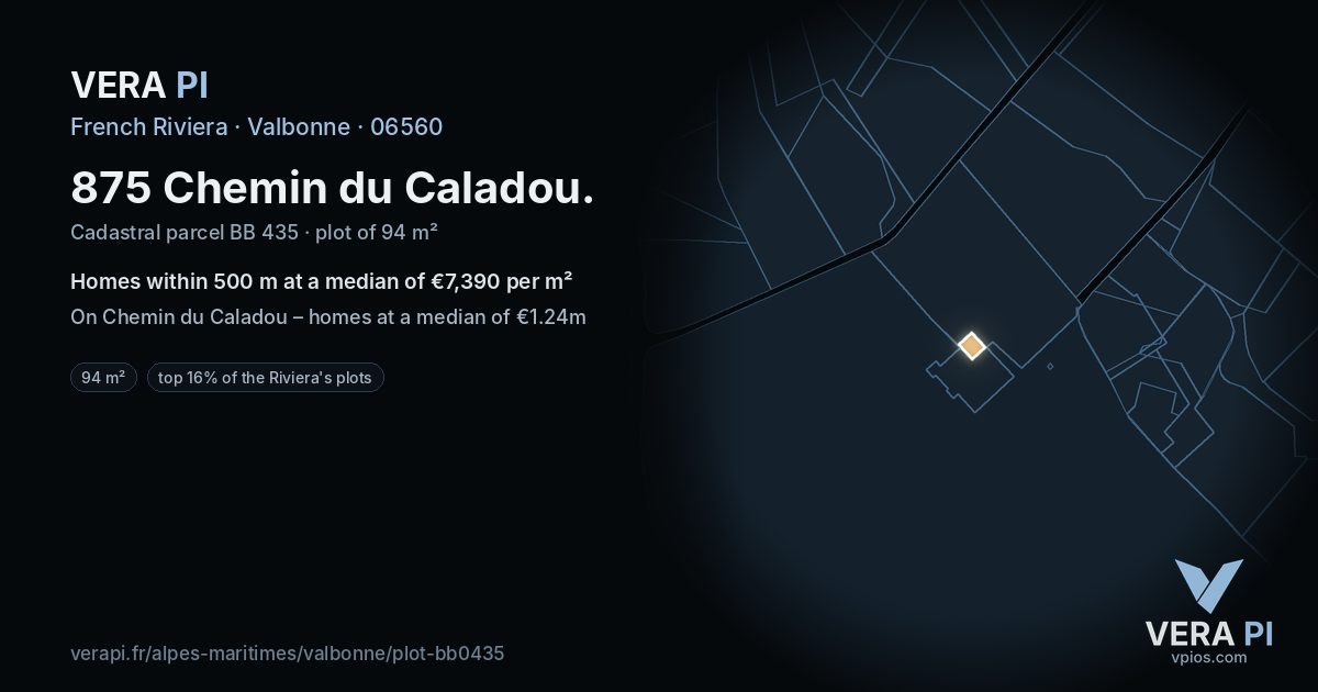 875 Chemin du Caladou, Valbonne at night – the plot lit, the parcels around coloured by the prices near them