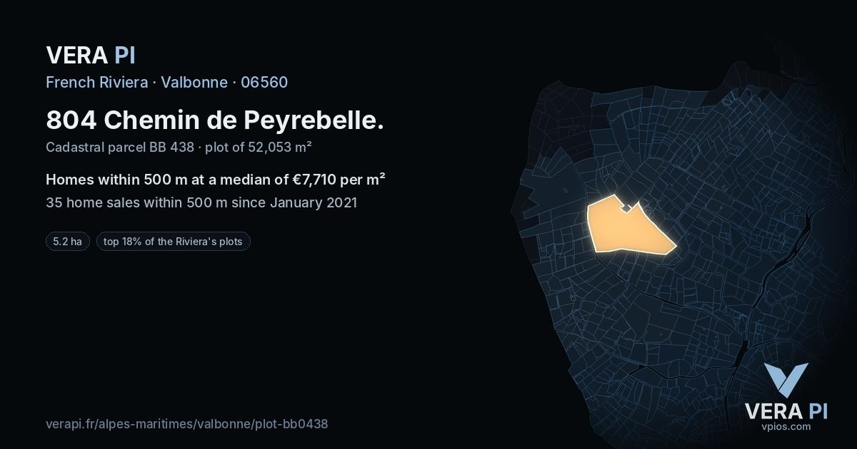 804 Chemin de Peyrebelle, Valbonne at night – the plot lit, the parcels around coloured by the prices near them