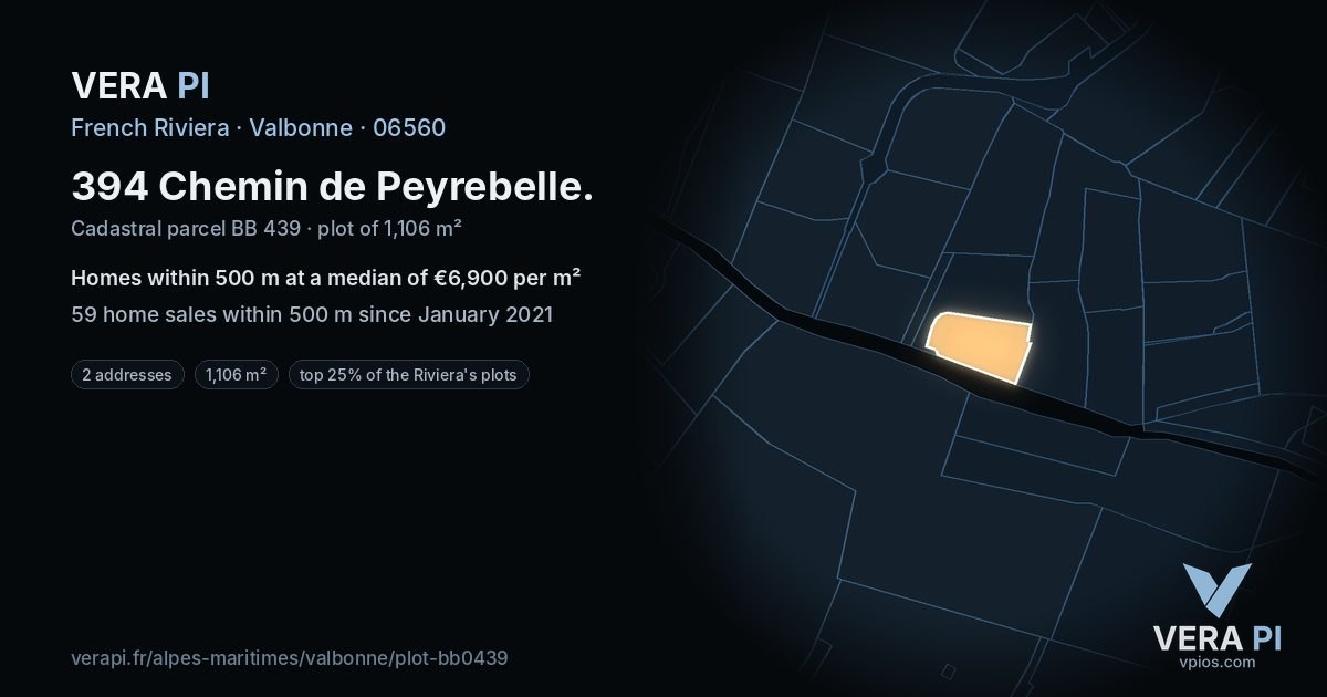 394 Chemin de Peyrebelle, Valbonne at night – the plot lit, the parcels around coloured by the prices near them