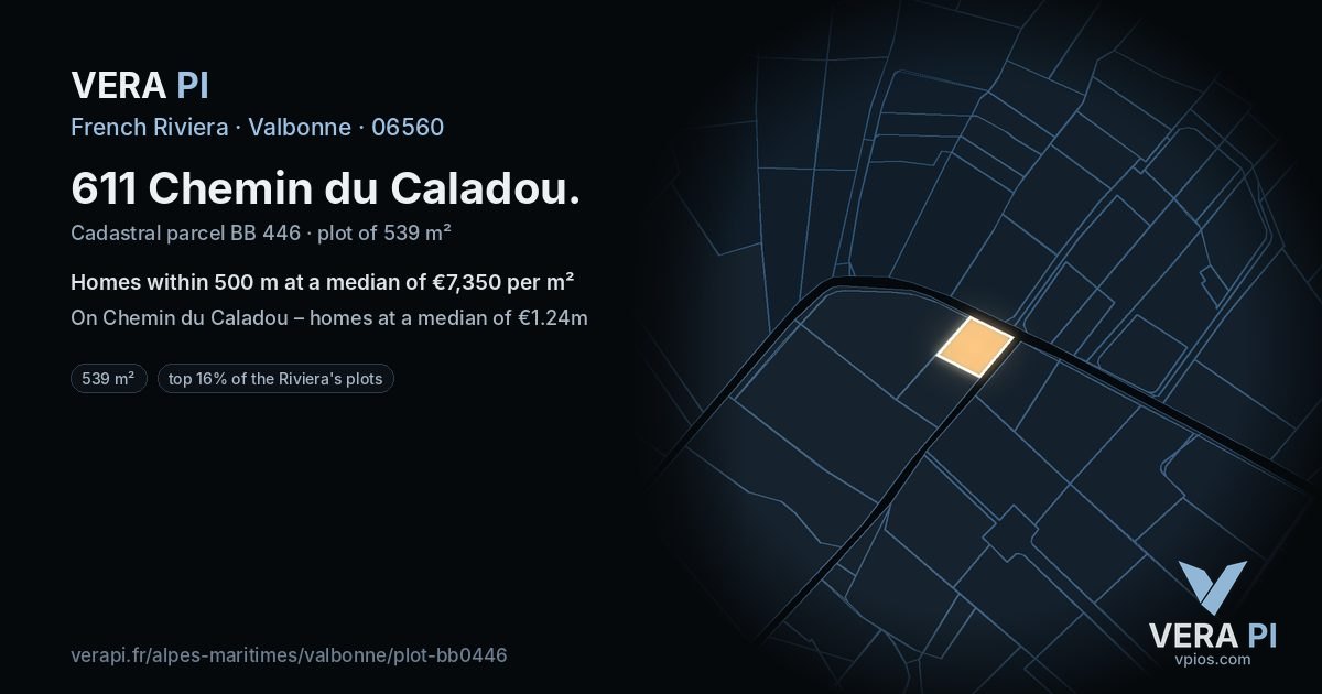 611 Chemin du Caladou, Valbonne at night – the plot lit, the parcels around coloured by the prices near them