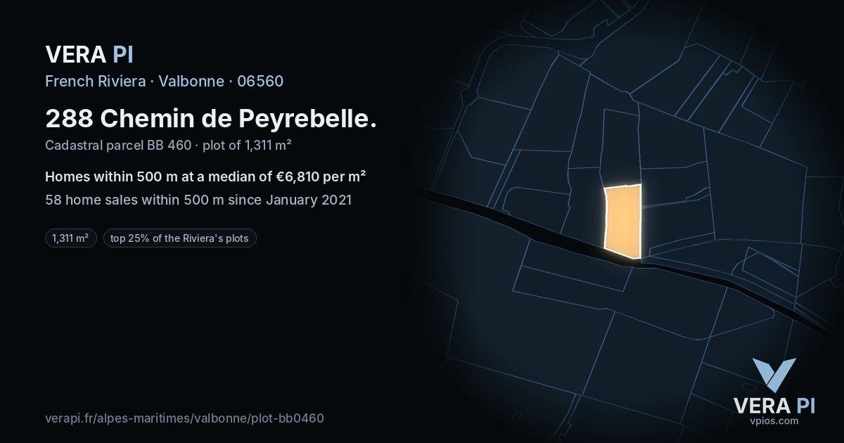 288 Chemin de Peyrebelle, Valbonne at night – the plot lit, the parcels around coloured by the prices near them