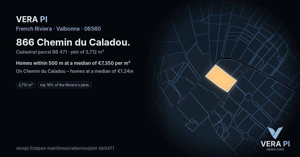 866 Chemin du Caladou, Valbonne at night – the plot lit, the parcels around coloured by the prices near them