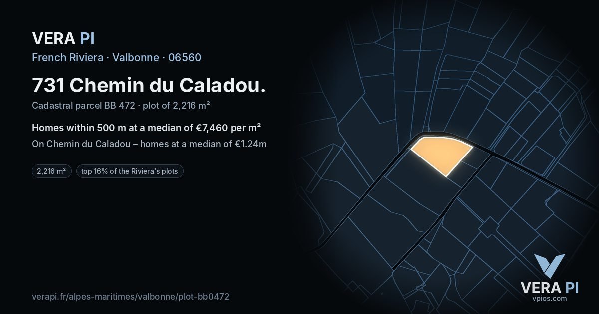 731 Chemin du Caladou, Valbonne at night – the plot lit, the parcels around coloured by the prices near them