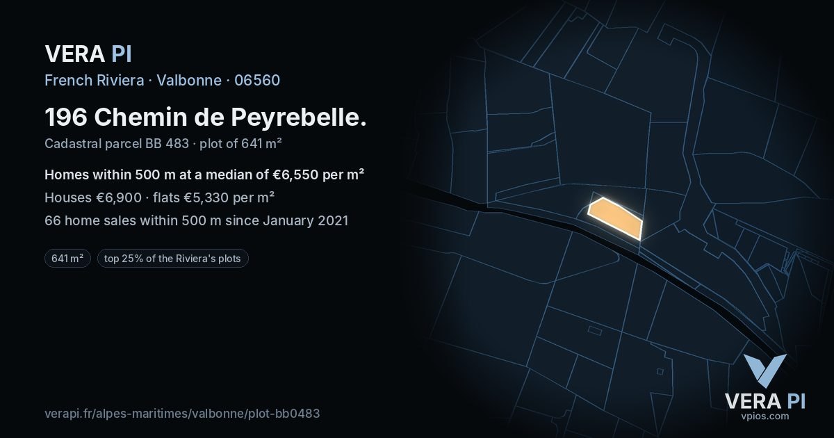 196 Chemin de Peyrebelle, Valbonne at night – the plot lit, the parcels around coloured by the prices near them