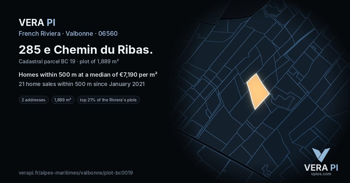 285 e Chemin du Ribas, Valbonne at night – the plot lit, the parcels around coloured by the prices near them