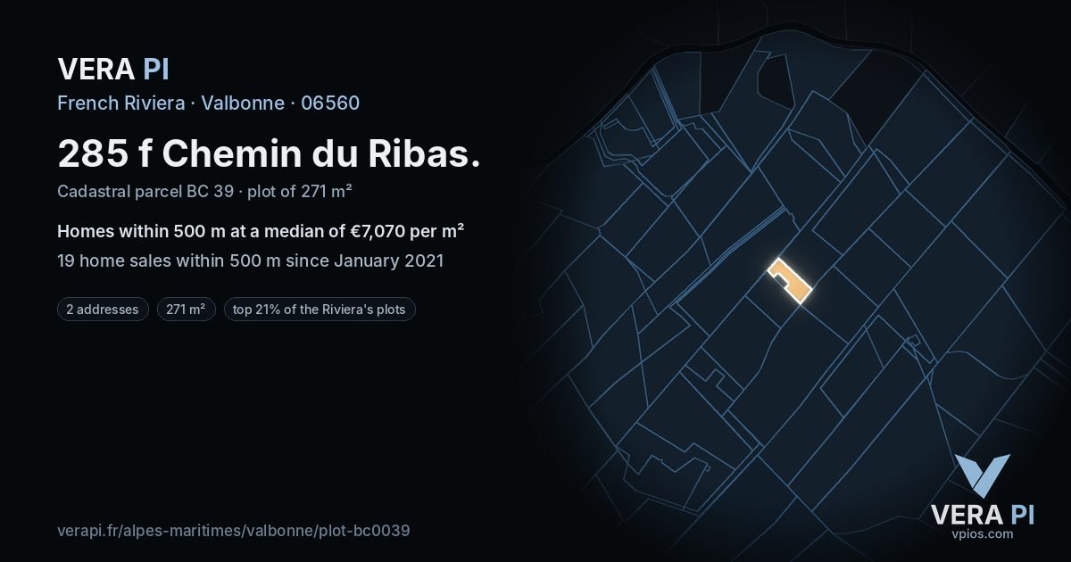 285 f Chemin du Ribas, Valbonne at night – the plot lit, the parcels around coloured by the prices near them