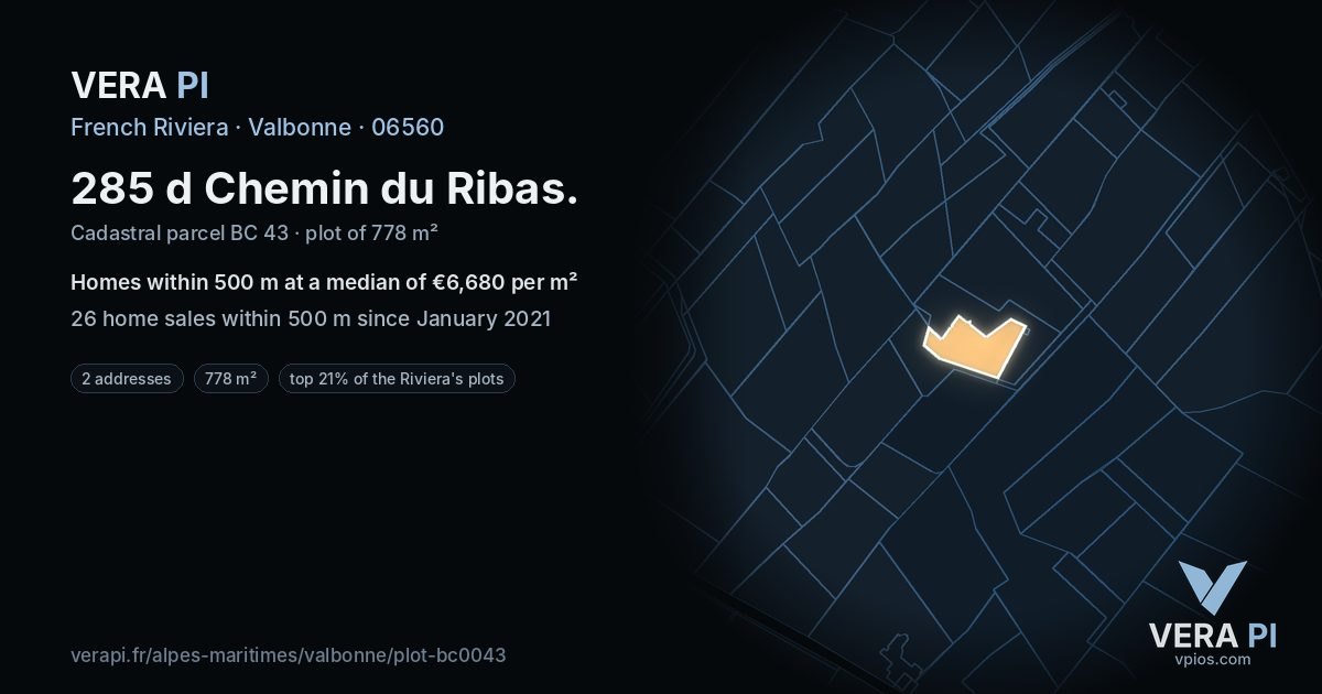 285 d Chemin du Ribas, Valbonne at night – the plot lit, the parcels around coloured by the prices near them