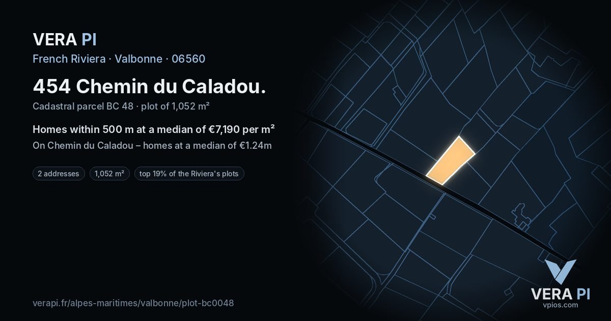 454 Chemin du Caladou, Valbonne at night – the plot lit, the parcels around coloured by the prices near them
