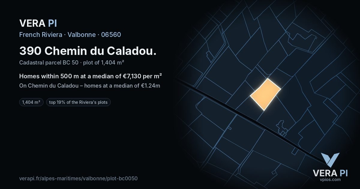 390 Chemin du Caladou, Valbonne at night – the plot lit, the parcels around coloured by the prices near them