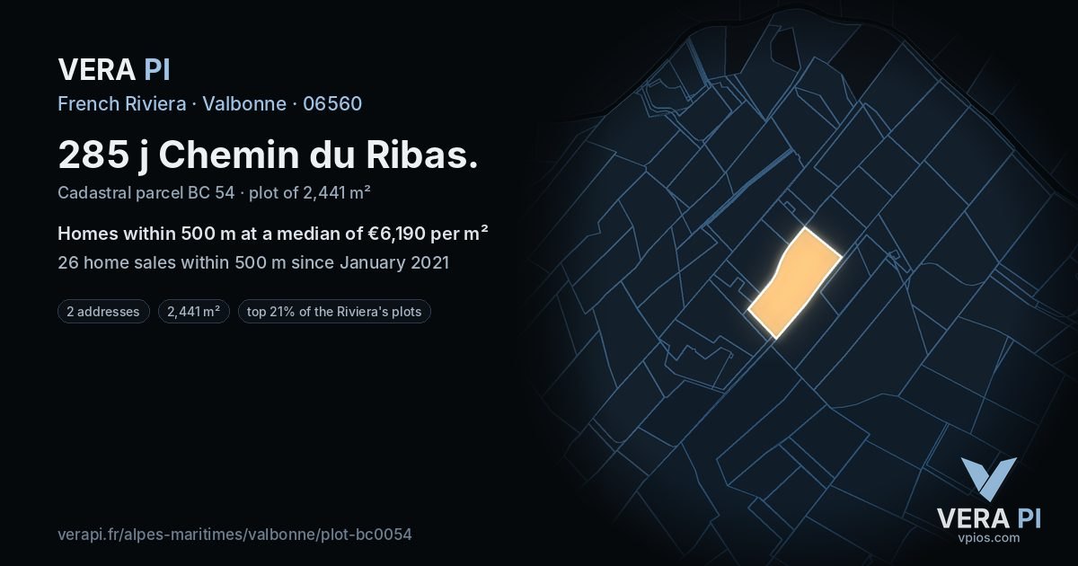 285 j Chemin du Ribas, Valbonne at night – the plot lit, the parcels around coloured by the prices near them