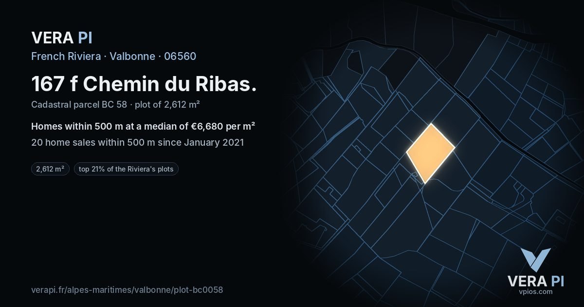 167 f Chemin du Ribas, Valbonne at night – the plot lit, the parcels around coloured by the prices near them