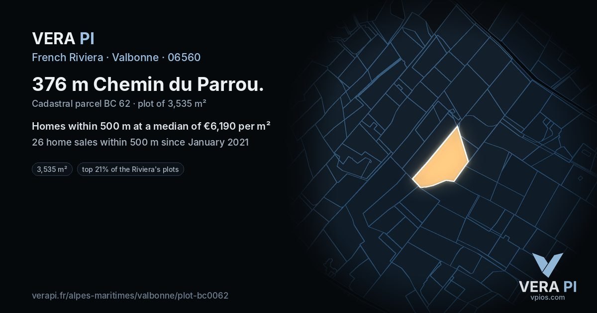 376 m Chemin du Parrou, Valbonne at night – the plot lit, the parcels around coloured by the prices near them