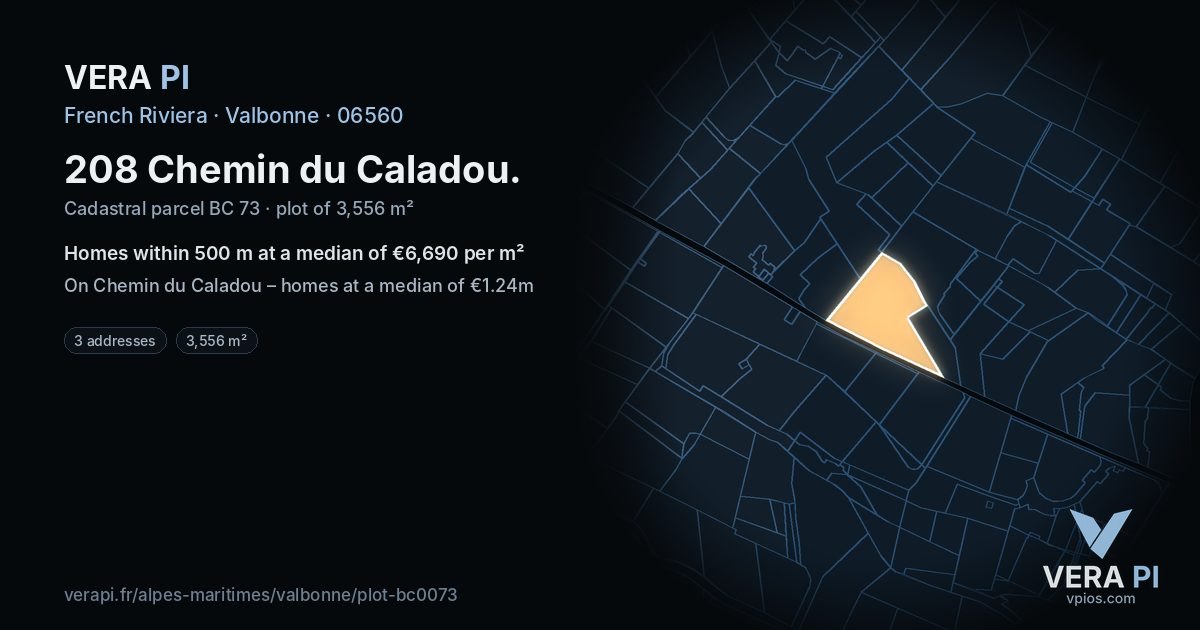208 Chemin du Caladou, Valbonne at night – the plot lit, the parcels around coloured by the prices near them