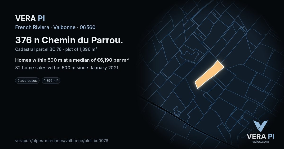376 n Chemin du Parrou, Valbonne at night – the plot lit, the parcels around coloured by the prices near them