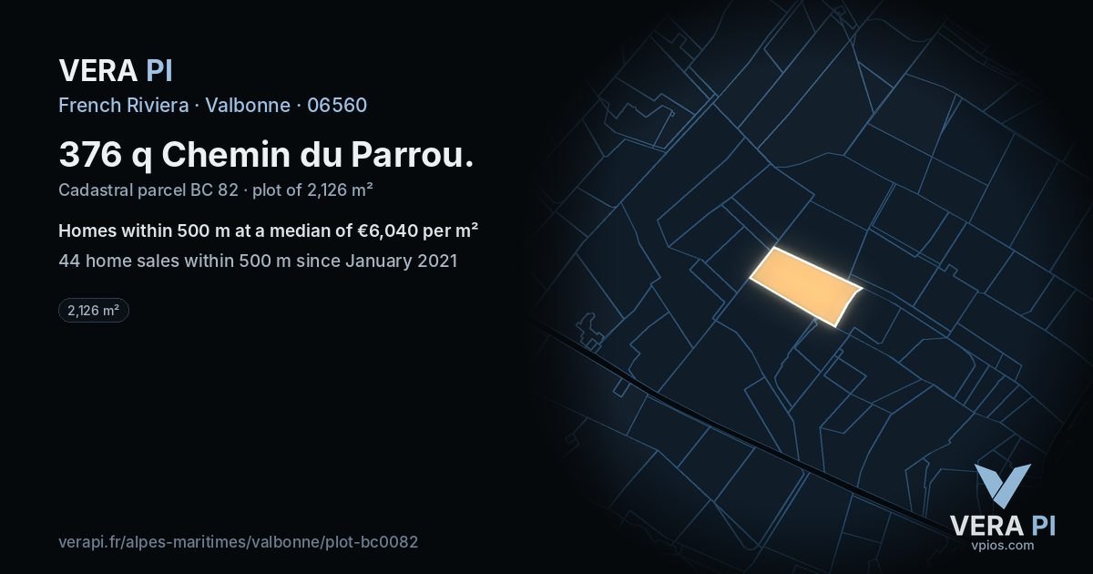 376 q Chemin du Parrou, Valbonne at night – the plot lit, the parcels around coloured by the prices near them