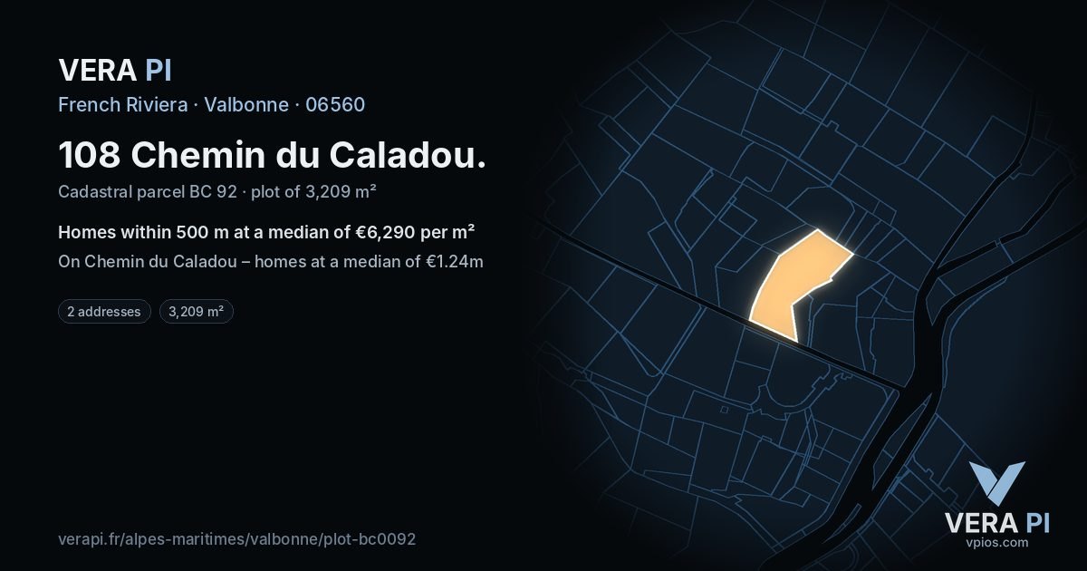 108 Chemin du Caladou, Valbonne at night – the plot lit, the parcels around coloured by the prices near them
