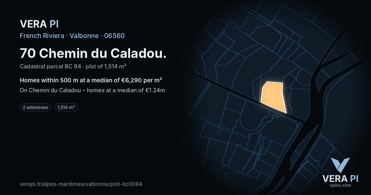 70 Chemin du Caladou, Valbonne at night – the plot lit, the parcels around coloured by the prices near them