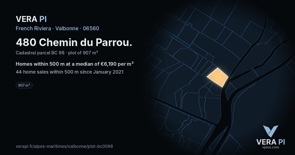 480 Chemin du Parrou, Valbonne at night – the plot lit, the parcels around coloured by the prices near them