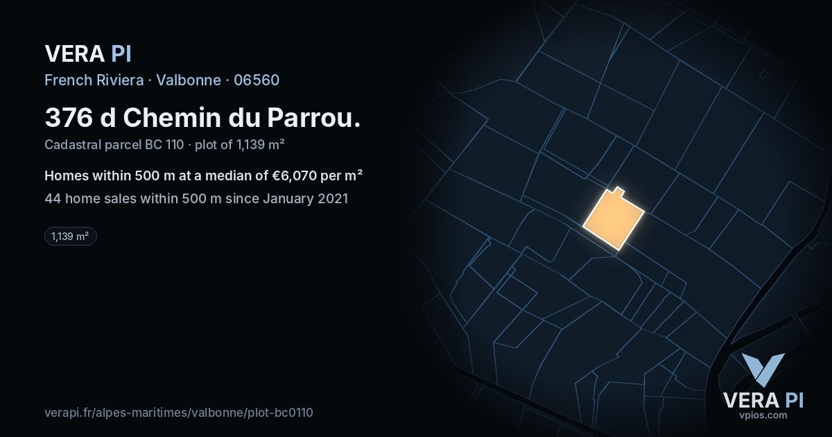 376 d Chemin du Parrou, Valbonne at night – the plot lit, the parcels around coloured by the prices near them