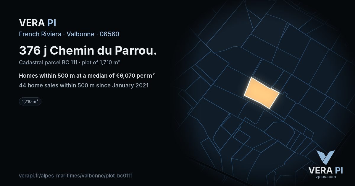 376 j Chemin du Parrou, Valbonne at night – the plot lit, the parcels around coloured by the prices near them