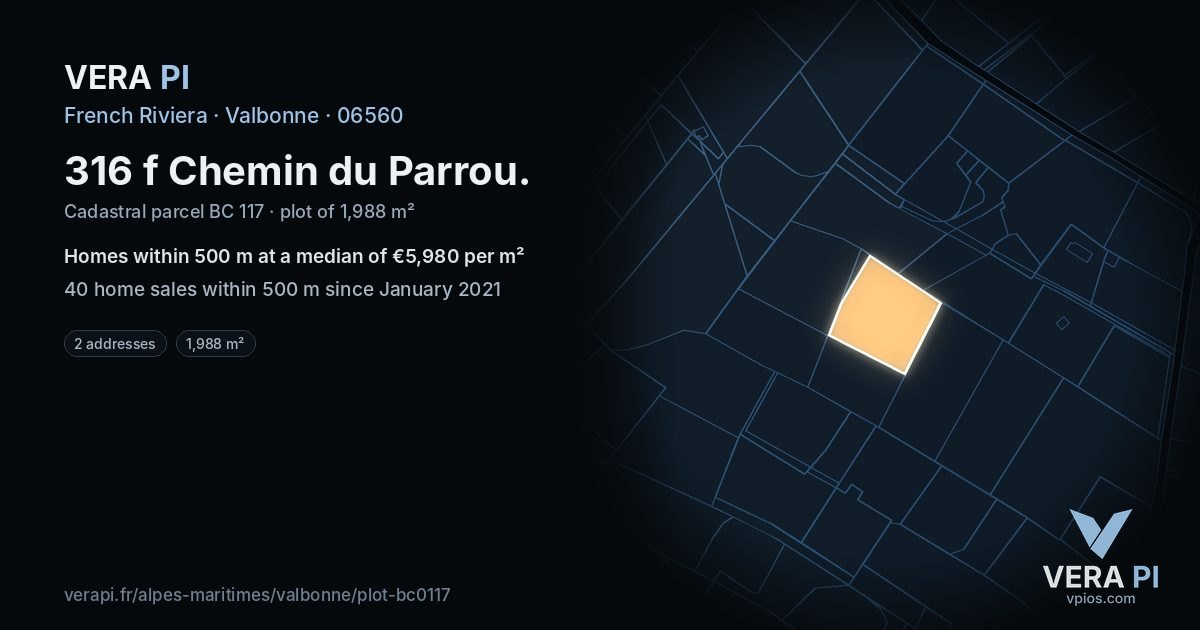 316 f Chemin du Parrou, Valbonne at night – the plot lit, the parcels around coloured by the prices near them