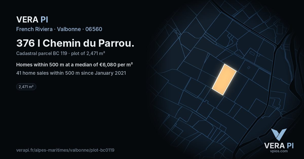 376 l Chemin du Parrou, Valbonne at night – the plot lit, the parcels around coloured by the prices near them