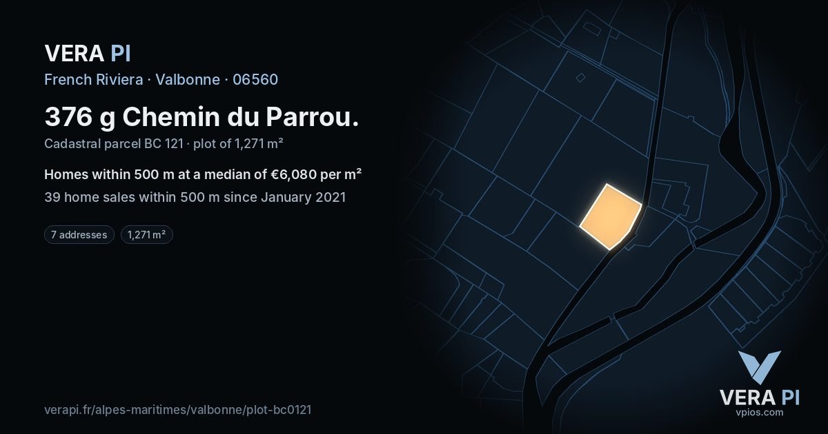 376 g Chemin du Parrou, Valbonne at night – the plot lit, the parcels around coloured by the prices near them