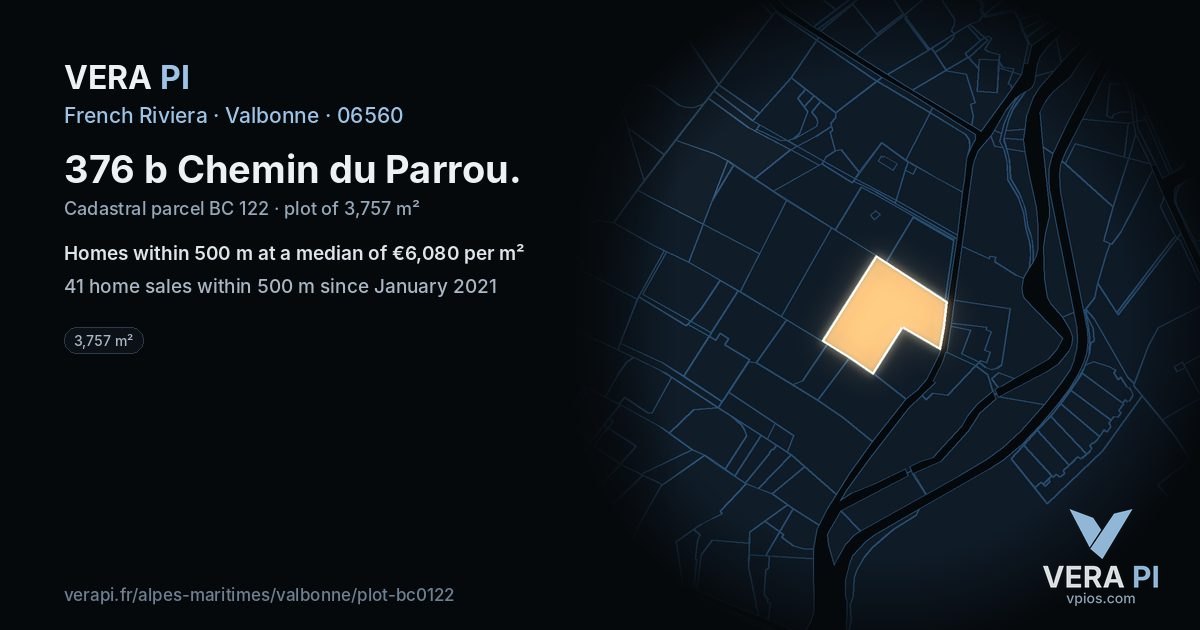 376 b Chemin du Parrou, Valbonne at night – the plot lit, the parcels around coloured by the prices near them