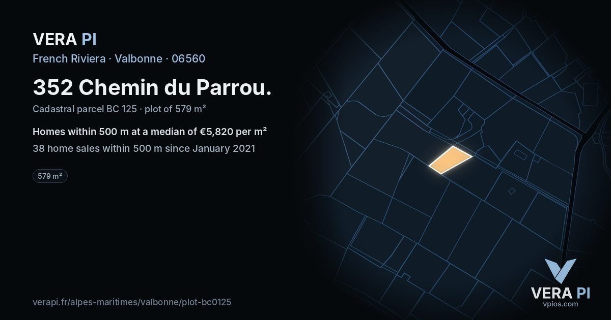 352 Chemin du Parrou, Valbonne at night – the plot lit, the parcels around coloured by the prices near them